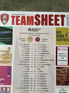 Rotherham United v Sheffield United Team Sheet Pre-Season Friendly 19/07/25 - Picture 1 of 4