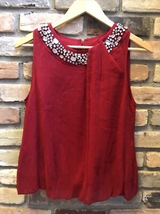 Magaschoni Deep Red Silk Sleeveless Party Top Rhinestones Euc 8 - Picture 1 of 10