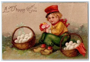 1908 Happy Easter Dutch Boy Basket Of Eggs Flowers Rochester NY Antique Postcard - Picture 1 of 2
