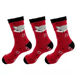 Animal Double Layer Extra Thick Soft Warm Fuzzy Non-Skid Crew Socks, 3 Pairs Fox - Picture 1 of 1