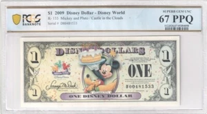 2009 $1 Disney Dollar Mickey & Pluto Castle Clouds PCGS SUPERB GEM UNC 67 PPQ * - Picture 1 of 3