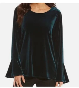 Blusa para mujer Calvin Klein de terciopelo verde esmeralda mangas campana talla mediana - Imagen 1 de 8