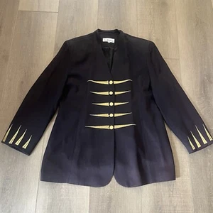 Vintage 1980s San Laurance Crepe Blazer Women 18 Steampunk Military Navy Gold - Picture 1 of 11
