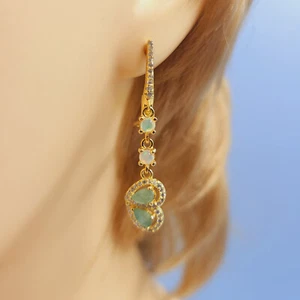 Opal Emerald Lever-Backs, Cubic Zirconia, Ethiopian Opal, Gold Plated, Handmade - Picture 1 of 5