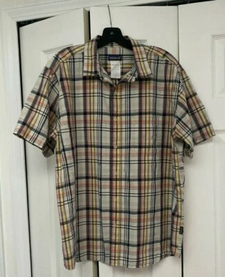 Patagonia Navy Blue Beige Burgundy Yellow Peach Plaid Short Sleeve Shirt Large - Image 1 of 4