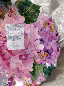 Shabby Chic 4 PINK HYDRANGEA SALAD BOWL PLATES Scalloped Melamine sparkle NEW - Picture 1 of 7