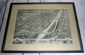 Antik gerahmt 1869 Genf, Illinois, Kane Co. 17 x 13,25 Birdseye Ansicht Karte - Bild 1 von 2