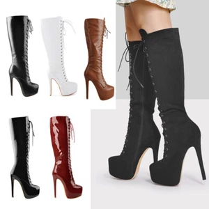 Botas para mujer Onlymaker con plataforma alta hasta la rodilla con cordones punta redonda tacones altos de aguja - Imagen 1 de 47