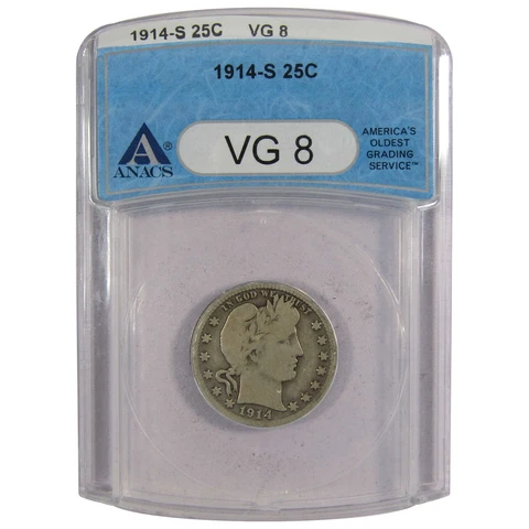 1914 S Barber Quarter VG 8 ANACS 90% Silver 25c Type Coin SKU:IPC7285 Cover