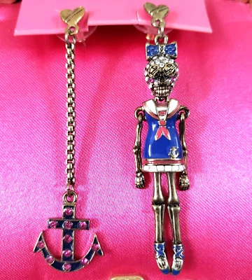 Vintage Betsey Johnson Ivy League Skeleton Girl Doll Skull Sailor Dress Earrings - Image 1 of 4