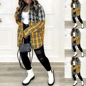 Plus Size Womens Plaid Check Shirt Tops Casual Button Up Long Sleeve Blouse - Picture 1 of 18