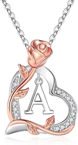 Rose Heart Initial Necklaces for Girlfriend Trendy Letter Love Pendant Silver Ne - Picture 1 of 12