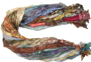 ON 12 yards Unstitched Recycled PURE Silk Sari Ribbon Yarn tassels Dull SKEINS - Picture 1 of 5