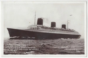 Französisches Dampfschiff Normandie 1935 - ECHTFOTO Ozeandampfer Werbung - Postkarte - Bild 1 von 2
