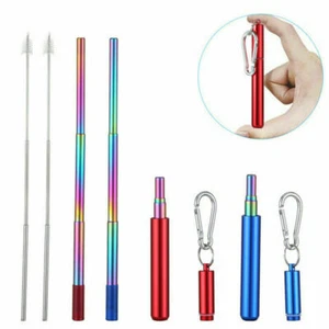 Stainless Steel Foldable Collapsible Drink Straw With Brush In a Keyring Case - Picture 1 of 20