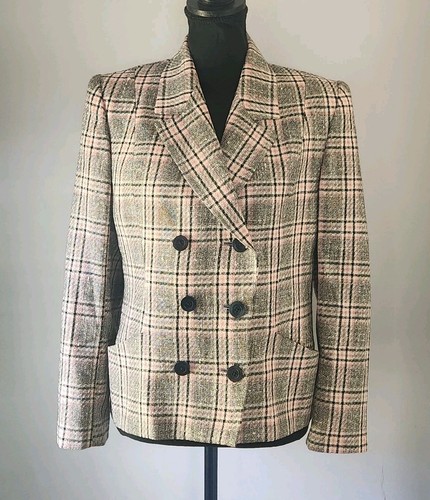 CELINE Paris giacca blazer donna seta lana nero grigio rosa plaid taglia 40