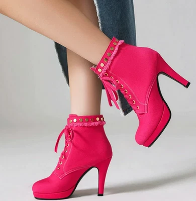 Women's Denim Ankle Boots Shoes Chunky Heel Lace Up Rivet Platform Round Toe  - Image 1 of 4