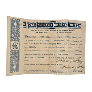 Recibo de pago Royal Insurance Company Ltd 1915, Belleville, Ontario - Imagen 1 de 2