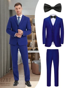 British Style Mens Suit Set (Jacket+Vest+Pants+Bow Tie) Slim Elegant for Wedding - Picture 1 of 29