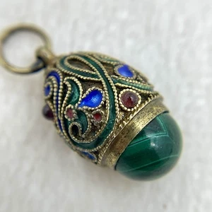 Vintage Sterling Silber 925 Cloisonné Ei Anhänger - Malachit, Emaille, Rubinglas - Bild 1 von 7