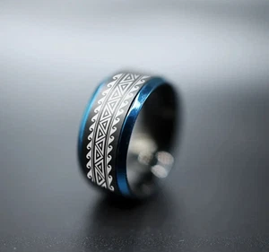 Black/Blue Unisex Tungsten Haka Polynesian Ethnic Cultural Wedding Ring - 10mm - Picture 1 of 3