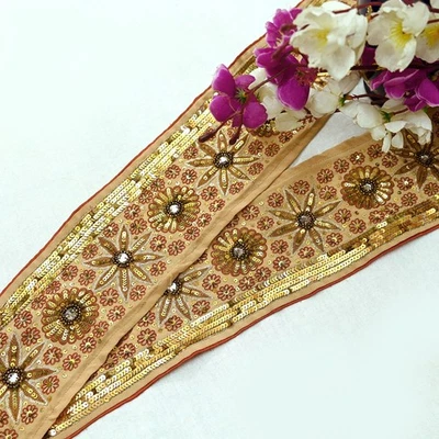Винтажная бежевая кайма сари ручная вышивка 1 ярд Gota Patti декоративная отделка кружевное шитье - Изображение 1 из 4