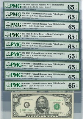 Fr. 2114-C $50 1969 Federal Reserve Note 9 Consecutive 65 EPQ PMG DC-2652  - Image 1 of 3
