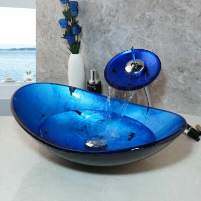 Fregadero de vidrio azul para baño lavabo ovalado cuenco mezclador grifo pop juego de drenaje Foto 1 de 4