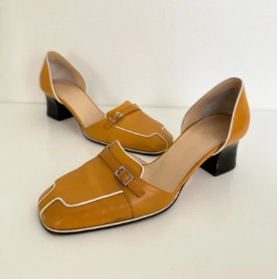 Bally Vintage Slip On Leather Block Heel Loafer Yellow Buckle Y2k Size 6.5 EU 37 - Image 1 of 4