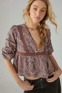 Lucky Brand Top Damen großer VNeck Paisley Knopf Langarm Spitzeneinsatz Babydoll - Bild 1 von 13