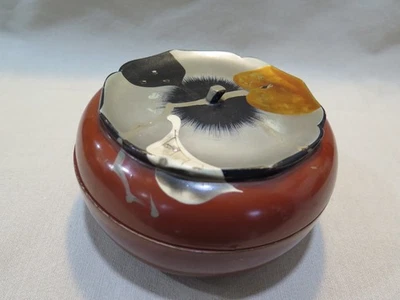 Vintage Japan lacquer lidded box carved lid autumn fall motif trinket tea cake - Image 1 of 4