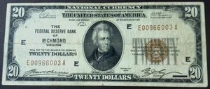 $20 1929 The Federal Reserve Bank Of Richmond Virginia Fr 1870-e  E00966003A - Picture 1 of 6