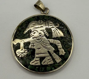 Colgante de plata esterlina mexicana vintage calendario azteca maya incrustación 925 firmado - Imagen 1 de 19