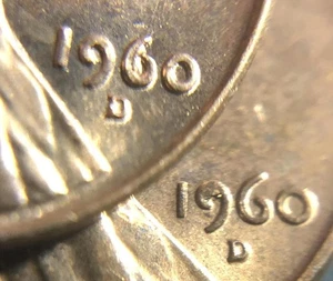 1960 D SMALL LARGE DATE LINCOLN CENT ONE PENNY COIN DIE CHIP ERROR 2 pc - Picture 1 of 5