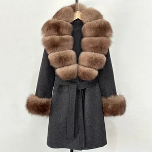 Giacca invernale lusso cashmere cappotto donna oversize vera pelliccia di volpe collo giacca - Foto 1 di 46
