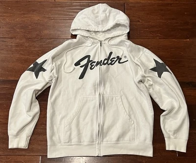 Fender White Blue Sleeve Mens Small Chest Star Logo Zip Hoodie Sweatshirt Jacket - Image 1 of 4