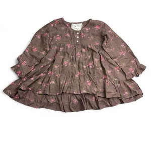 Hearts Desire Mary Grace Linen Tunic Ruffle Floral Dress Women’s Small Brown - Picture 1 of 13
