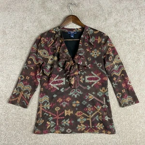 Chaps Denim Shirt Womens Size Medium Brown Mesh Southwest Aztec Ruffle Top - Picture 1 of 6