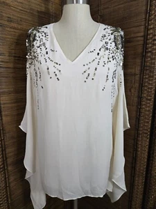 St. John Silk Hand Beaded Ivory Top With Butterfly Sleeves Size Small - Picture 1 of 11