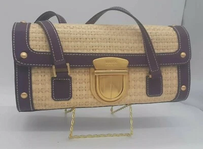 Maxx New York Purple Beige Straw Colored Woven PVC Handbag Purse 2x strap - Image 1 of 4