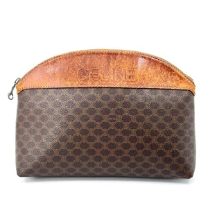 CELINE Pouch Clutch Bag Macadam Brown Leather PVC Authentic - Picture 1 of 18