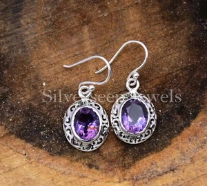 Natural Amethyst Gemstone Drop/Dangle Vintage Earrings 925 Sterling Silver - Picture 1 of 4