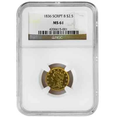 Moneda rara de 8 $2,50 cabeza clásica de 1836, escritura NGC MS61 Foto 1 de 2
