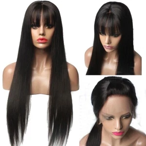 Virgin Malaysia Human Hair Wig with Bangs Straight Ful Machine Wig Natural Black - Picture 1 of 11