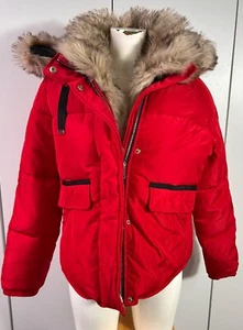 River Island Red Hooded Faux Fur Puffer Coat Size 12 - Picture 1 of 3