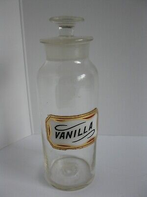Ant.8 1/2  Glass Apothecary Pharmacy Jar Label Under Glass Stopper Vanilla • 35$
