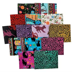 Benartex Folktown Cats Fat Quarter Bundle (14) ~ Floral Cat Fabric 100% Cotton - Picture 1 of 3