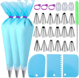 Piping Bags and Tips Set, Cakes Decorating Kit Supplies with 3 Silver, Blue  - Picture 1 of 9