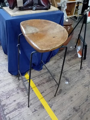 Vintage Wood Seat Metal Framed Bar Stool 28" Collection Only - Image 1 of 4