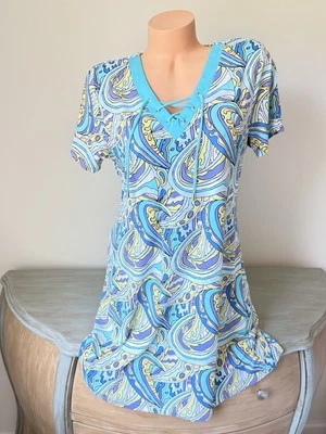 Lulu-B Paisley Travel T Shirt Dress L Stretch Coastal Spring Summer V Neck Upf50 - Image 1 of 4